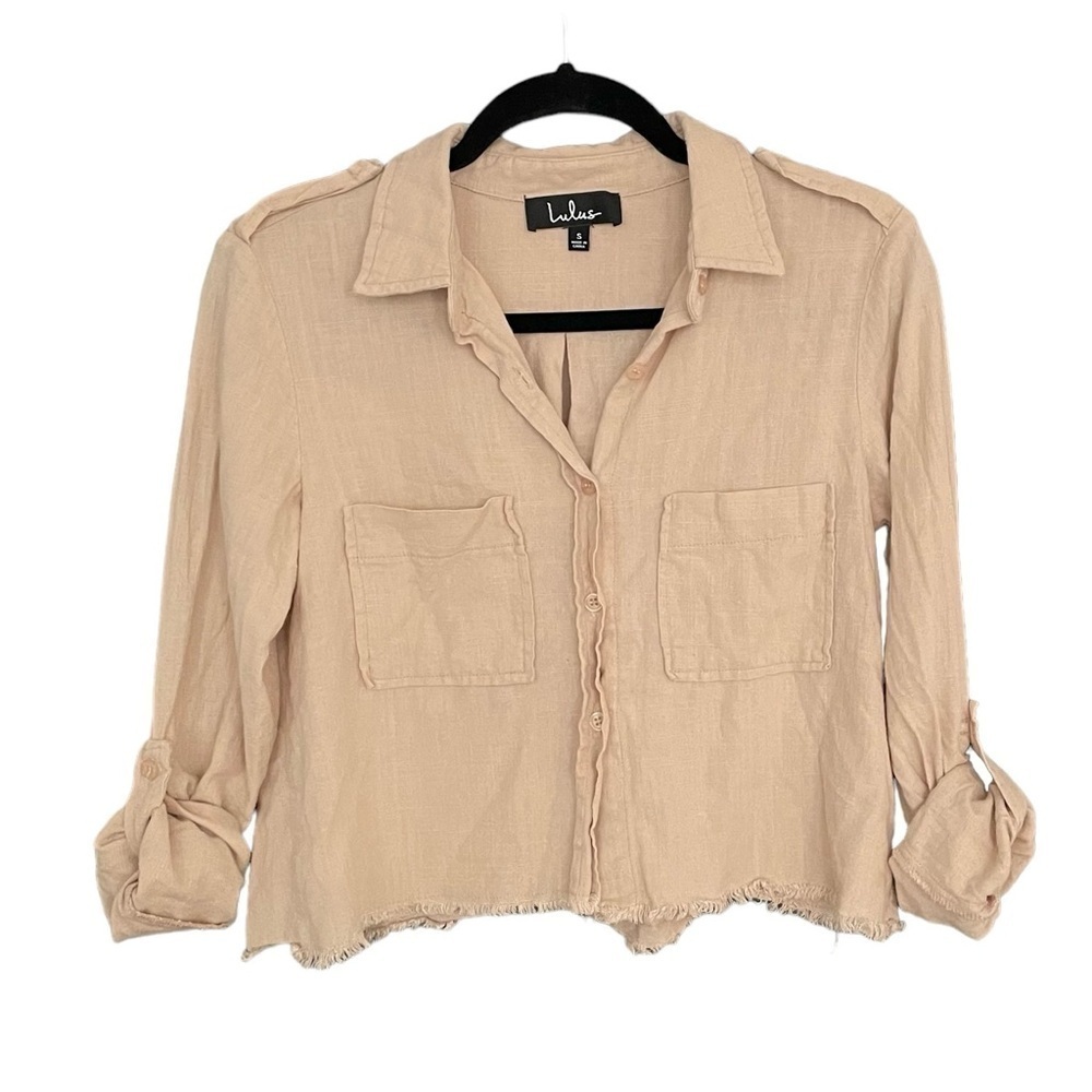 LULUS Linen Blend Cropped Button Front Blouse Frayed Hem Camel Tan S